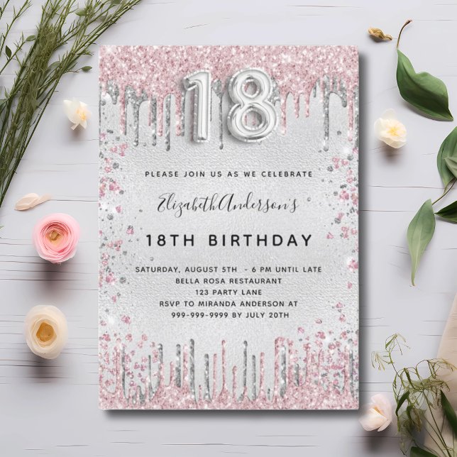 18th birthday silver pink metal glitter dust invitation (Creator Uploaded)