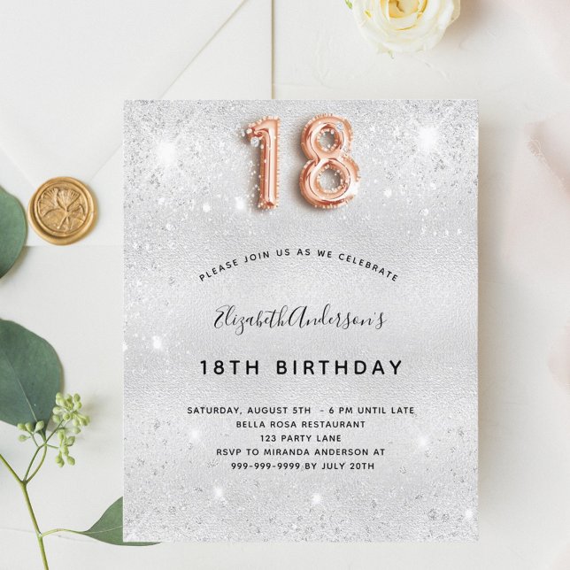 18th birthday silver rose gold glitter invitation (Creator Uploaded)