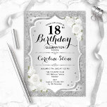 18th Birthday - Silver Stripes White Roses Invitation<br><div class="desc">18th Birthday Invitation. Elegant floral design in silver and white. Features faux glitter silver stripes,  white roses stylish script font and confetti. Perfect for a glam birthday party.</div>