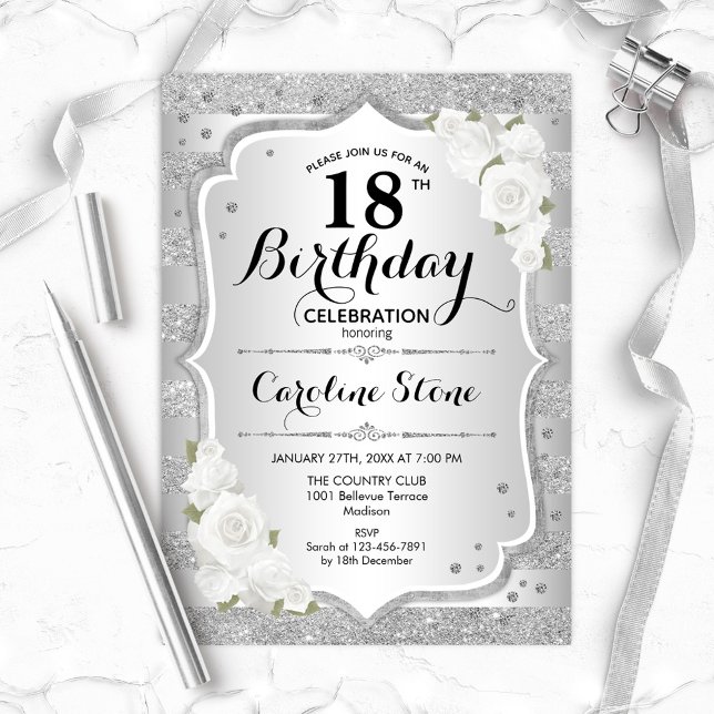 18th Birthday - Silver Stripes White Roses Invitation (Creator Uploaded)