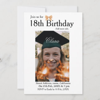 18th birthday simple minimal bow white photo name invitation