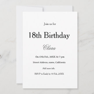 18th birthday simple name minimal black white invitation