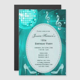 18th Birthday Sparkle Heels and Teal Disco Ball Magnetic Invitation