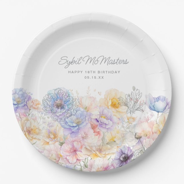 18th Birthday Summer Watercolor Floral Custom Paper Plate (Front)