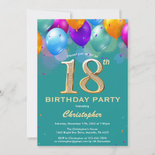 18th Birthday Teal and Gold Colourful Balloons Invitation