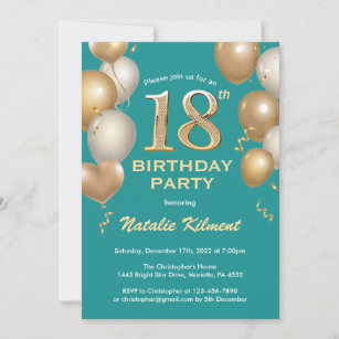 18th Birthday Teal and Gold Glitter Balloons Invitation