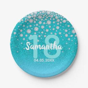 18th birthday teal blue green glitter name paper plate