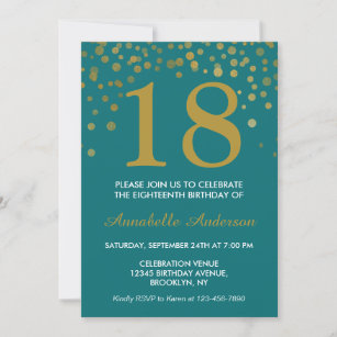 18th Birthday Teal Gold Confetti Dot Modern Chic Invitation
