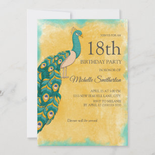 18th Birthday Teal Yellow Watercolor Peacock Invitation