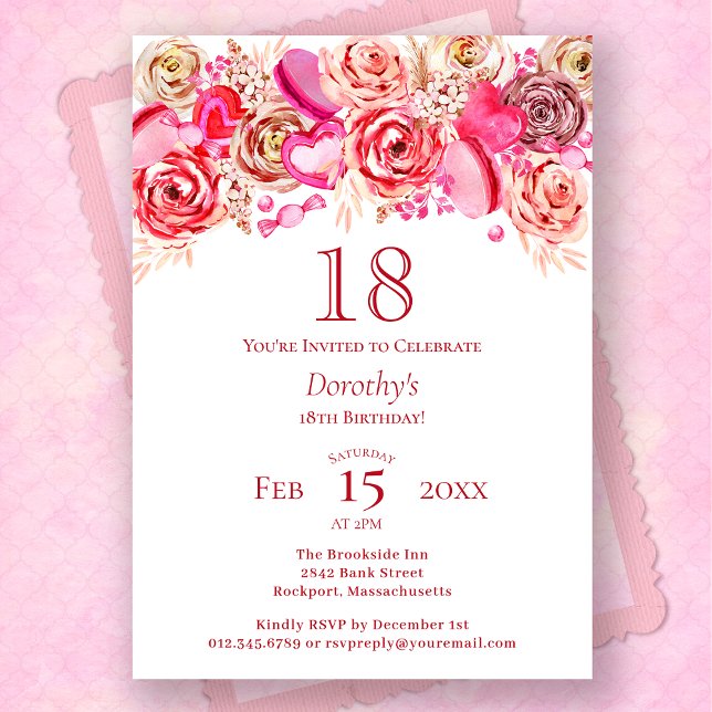 18th Birthday Valentine Pink Rose Swirly Heart Invitation (Creator Uploaded)