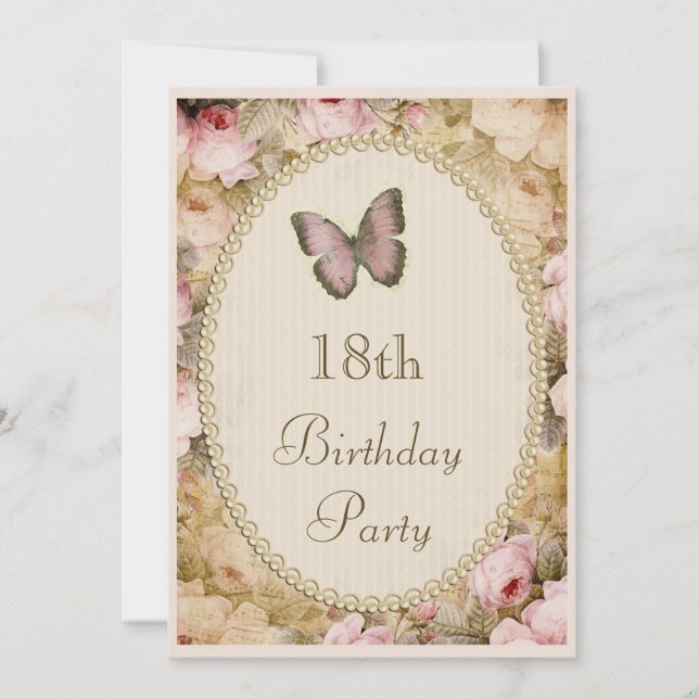 18th Birthday Vintage Roses Butterfly, Music Notes Invitation (Front)