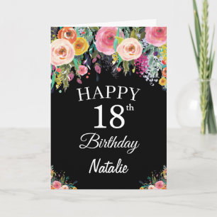 18th Birthday Watercolor Floral Flowers Black Card