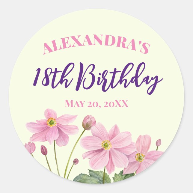 18th Birthday Watercolor Pink Japanese Anemone Classic Round Sticker (Front)