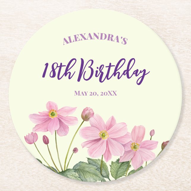 18th Birthday Watercolor Pink Japanese Anemone Round Paper Coaster (Front)