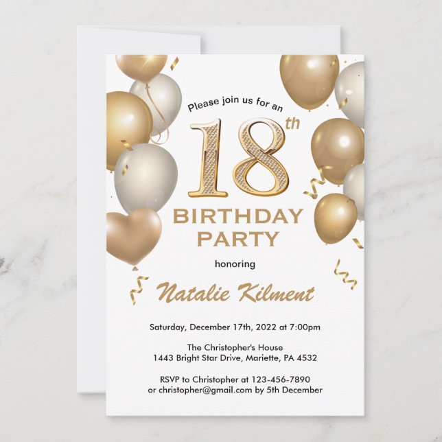 18th Birthday White and Gold Glitter Balloons Invitation (Front)