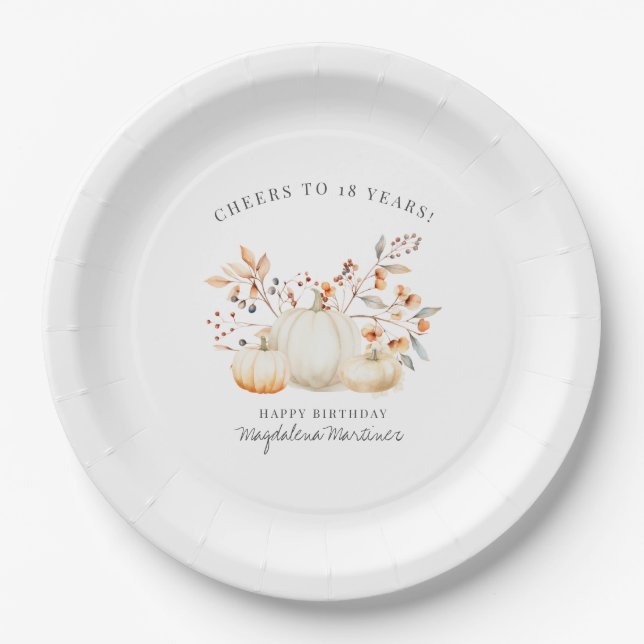 18th Birthday White Pumpkin Fall Leaves Custom Paper Plate (Front)