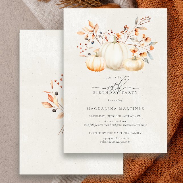 18th Birthday White Pumpkin Fall Leaves Elegant Invitation (Creator Uploaded)