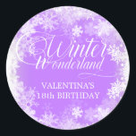 18th Birthday Winter Wonderland Snowflake Favour Classic Round Sticker<br><div class="desc">Elegant winter wonderland 18th birthday invitation features beautiful calligraphy surrounded by a lush snowflake and snow border. The snowflakes pop against the pretty soft purple background. You can actually change the background colour to any colour. Winter Wonderland can't be changed, but all of the remaining text can be edited. This...</div>