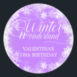 18th Birthday Winter Wonderland Snowflake Favour Classic Round Sticker<br><div class="desc">Elegant winter wonderland 18th birthday invitation features beautiful calligraphy surrounded by a lush snowflake and snow border. The snowflakes pop against the pretty soft purple background. You can actually change the background colour to any colour. Winter Wonderland can't be changed, but all of the remaining text can be edited. This...</div>