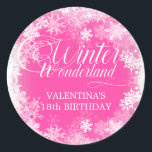18th Birthday Winter Wonderland Snowflake Favour Classic Round Sticker<br><div class="desc">Elegant winter wonderland 18th birthday invitation features beautiful calligraphy surrounded by a lush snowflake and snow border. The snowflakes pop against the pretty pink background. You can actually change the background colour to any colour. Winter Wonderland can't be changed, but all of the remaining text can be edited. This item...</div>