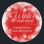 18th Birthday Winter Wonderland Snowflake Favour Classic Round Sticker<br><div class="desc">Elegant winter wonderland 18th birthday invitation features beautiful calligraphy surrounded by a lush snowflake and snow border. The snowflakes pop against the deep red background. You can actually change the background colour to any colour. Winter Wonderland can't be changed, but all of the remaining text can be edited. This item...</div>