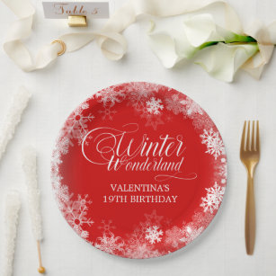 18th Birthday Winter Wonderland Snowflake Red Paper Plate