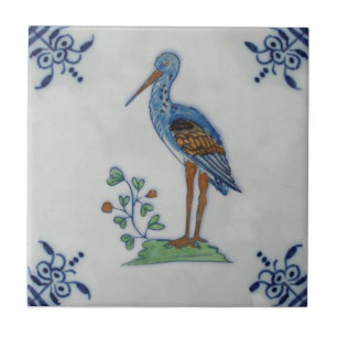 18th Century Delft Polychrome Stork? Heron? Repro Tile