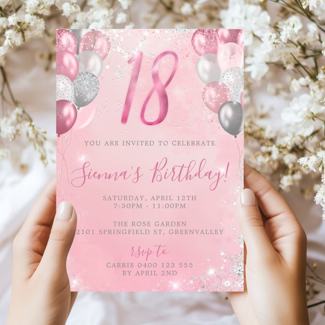 18th Glitter Birthday Pink & Silver Balloons Invitation (Main Image)