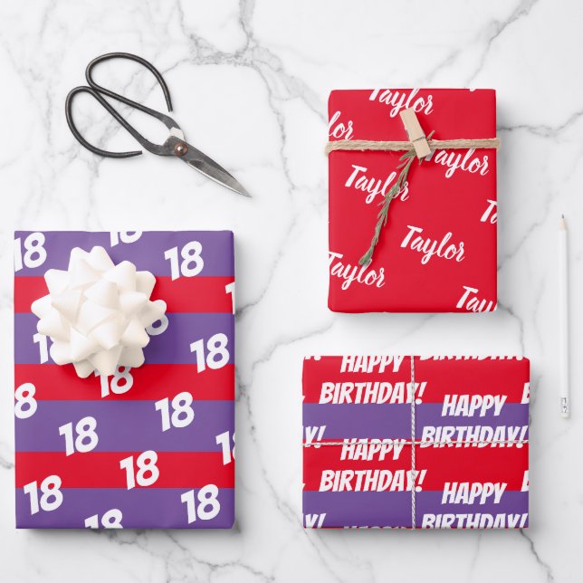 18th Happy Birthday Add Name Wrapping Paper Sheet (Front)