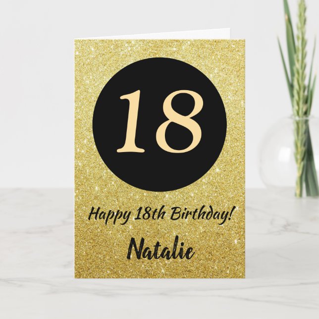 18th Happy Birthday Black and Gold Glitter Card (Front)