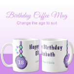 18th happy birthday name purple green coffee mug<br><div class="desc">special milestone Gift. Celebrate her 18th birthday, in style with this adorable purple and green coffee mug, sprinkled with love hearts! Perfect for morning brews or cosy cocoa moments, this mug is as unique as the birthday star. Cheers to adulthood! Make her day extra special with a gift from you...</div>