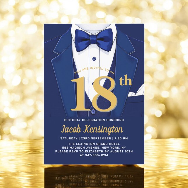 18th Navy Blue and Gold Tuxedo Birthday Event Invitation (Creator Uploaded)