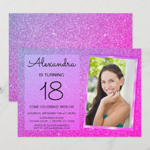 18th Sparkle Glitter Girly Pink and Purple Invitation
