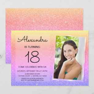 18th Sparkle Glitter Luxury Pink, Gold Purple Invitation
