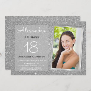 18th Sparkle Glitter Luxury Silver Photo Invitation