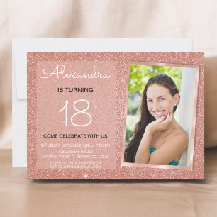 18th Sparkle Rose Gold Blush Pink Photo Invitation