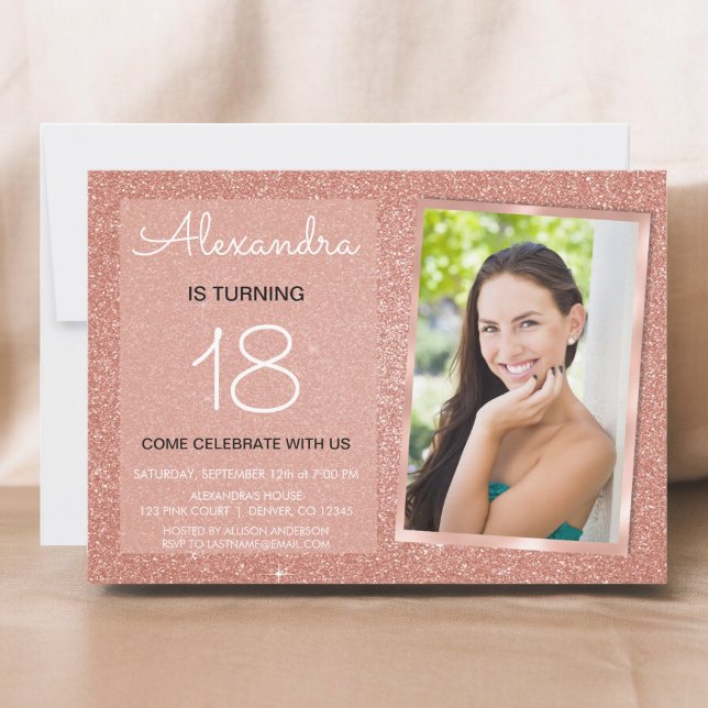 18th Sparkle Rose Gold Blush Pink Photo Invitation (Creator Uploaded)