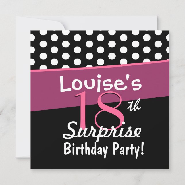 18th Surprise Birthday Black White Polka Dots Pink Invitation (Front)