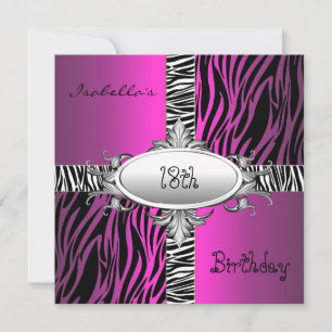 18th Teen Birthday Zebra Wild Pink Animal Black Invitation