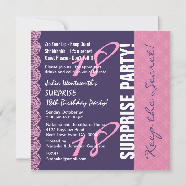 18th TEEN SURPRISE Birthday for Her with Lace L6ZB Invitation (Front)