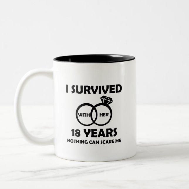 18Th Wedding Anniversary Him Funny Quotes Survived Two-Tone Coffee Mug (Left)