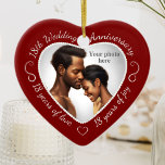 18th Wedding Anniversary Photo Ceramic Tree Decoration<br><div class="desc">Celebrate a 18th happy year of marriage with a custom photo ornament in a delightful heart shape frame. Simply upload your own photo of the married couple and it will appear in the cutout. The red surround features a white script font and decorations. The words are: 18th Wedding Anniversary -...</div>