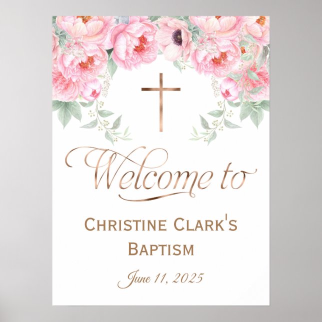 18x24, Pink, Floral, Girl, Baptism Welcome Sign (Front)
