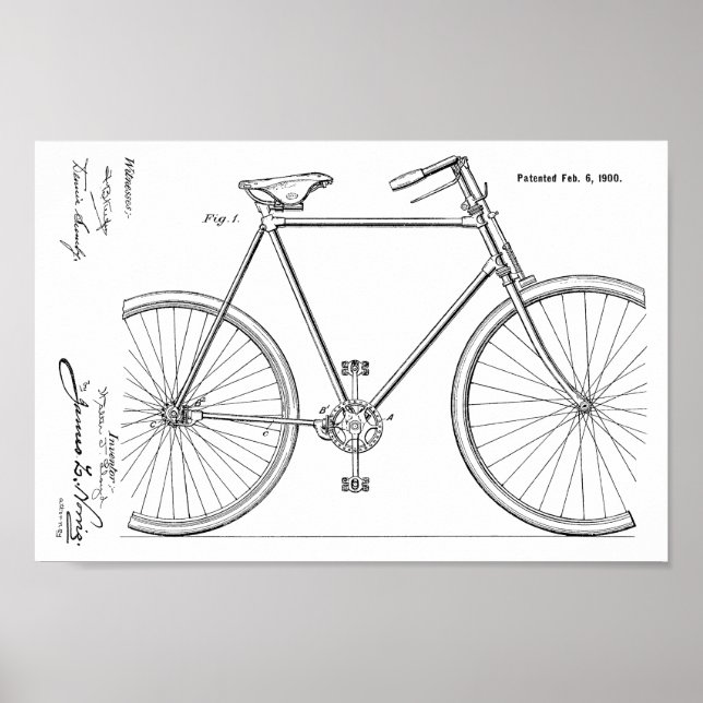 1900 Chainless Bicycle Design Patent Art Print (Front)