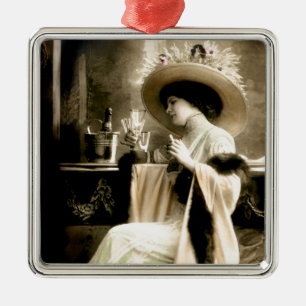 1900 Parisian Woman Drinking Champagne Metal Tree Decoration