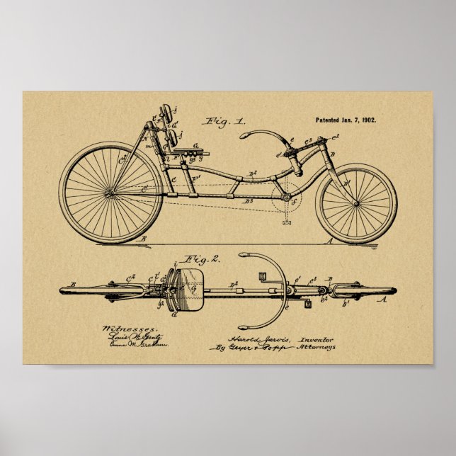 1902 Vintage Recumbent Bicycle Patent Art Print (Front)