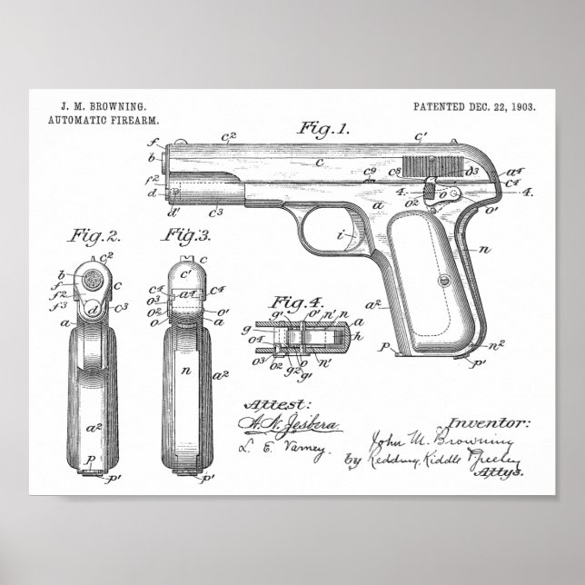 1903 Browning Gun Patent Art Drawing Print (Front)