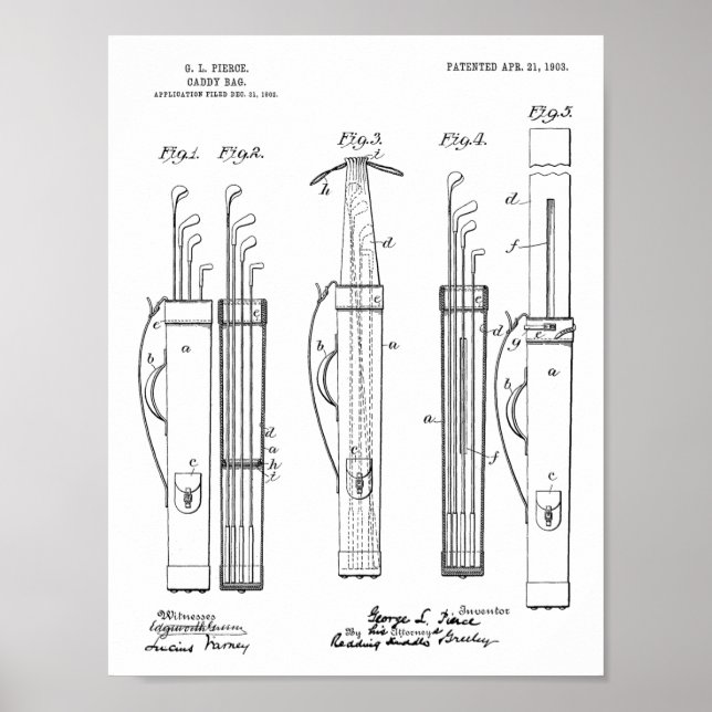 1903 Golf Club Caddy Bag Design Patent Art Print (Front)