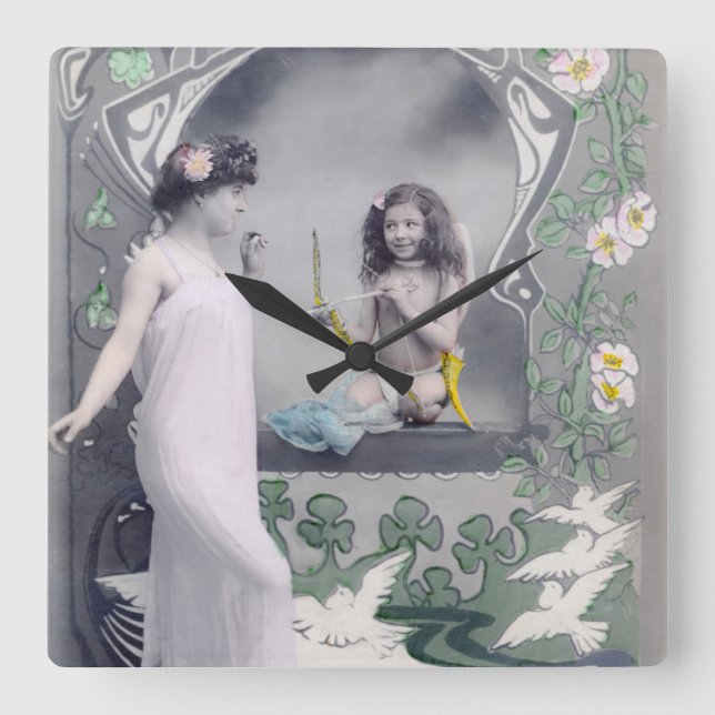 1904 Art Nouveau Valentine  Square Wall Clock (Front)