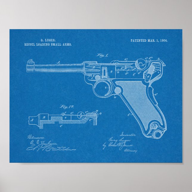 1904 Luger Gun Patent Art Drawing Print (Front)